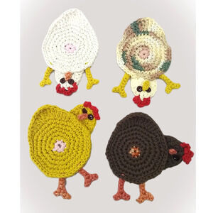 Handmade Crochet Chicken Butt Coasters Set of Two Peeking Hen Table Mug Rugs